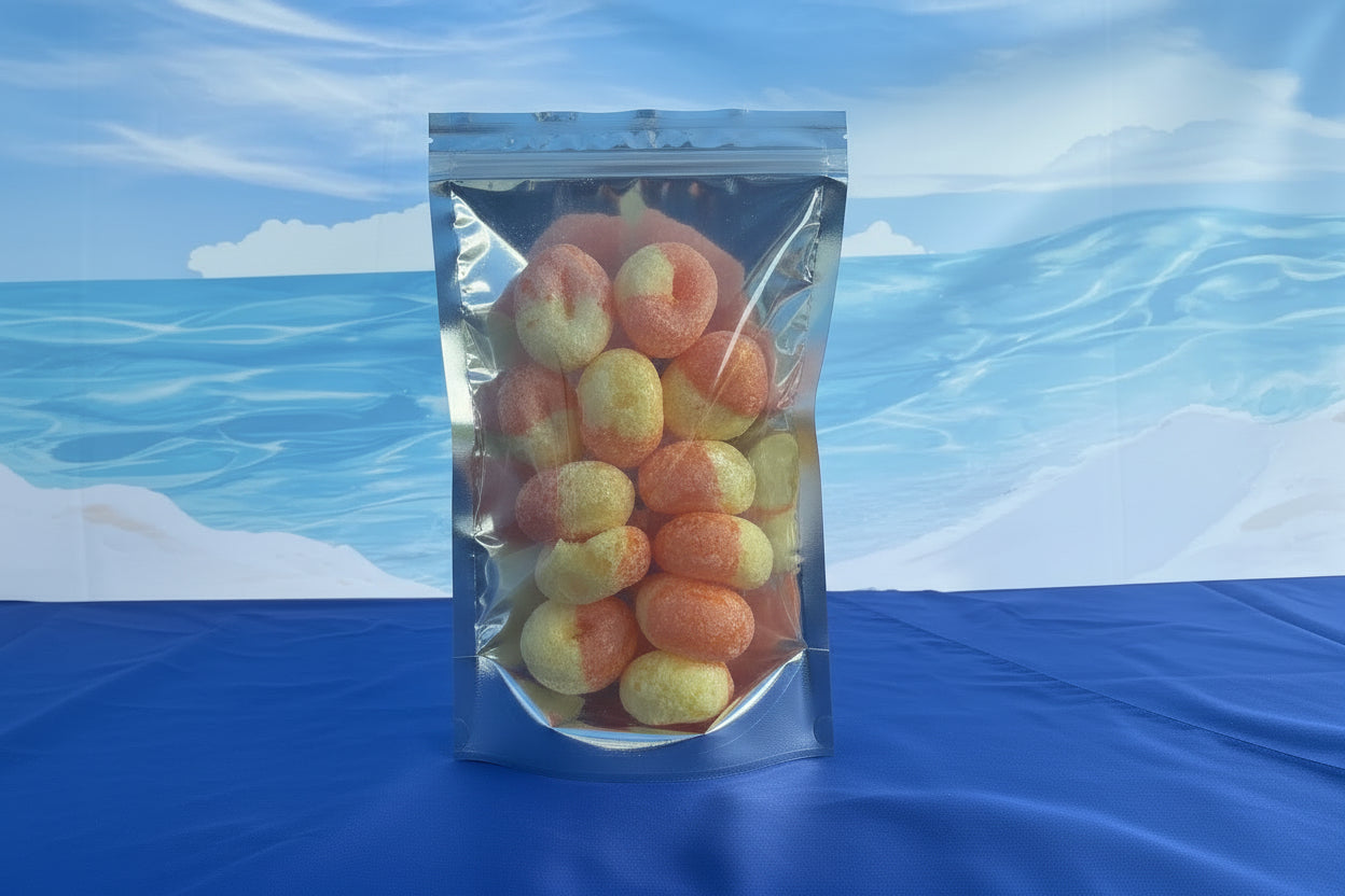 Packaged gummy candies with a visible brand label on a blue background