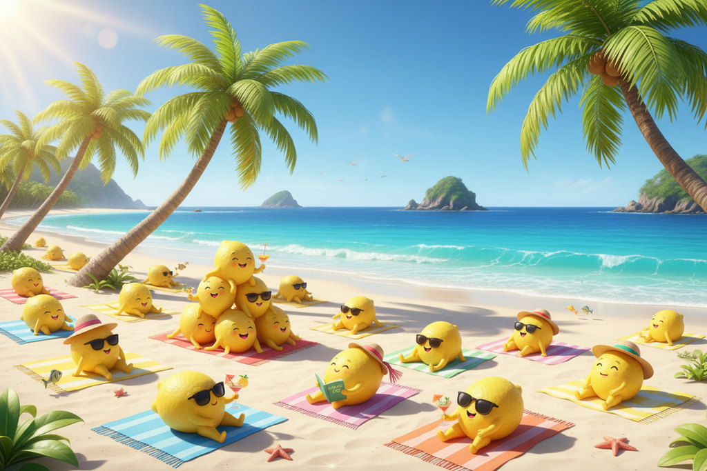 A lemons sunning themselves on beach in bright sun and palm trees
